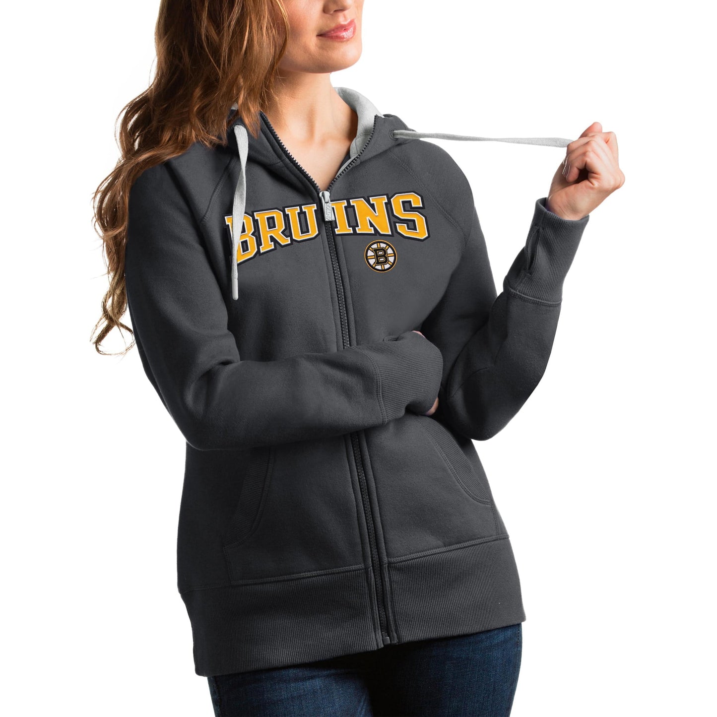 Women's Antigua Charcoal Boston Bruins Wordmark Victory Full-Zip Hoodie