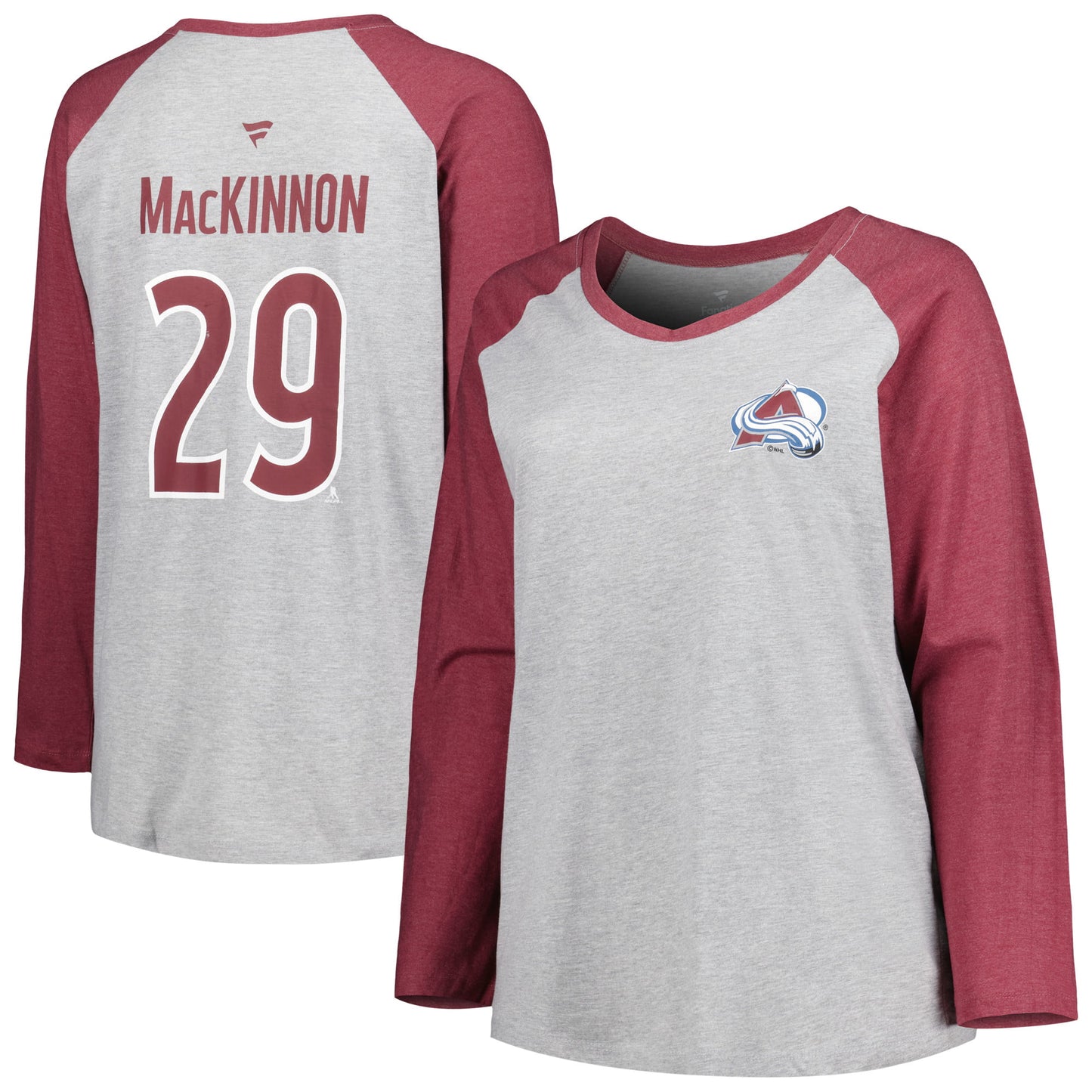 Women's Fanatics Branded Nathan MacKinnon Heather Gray/Heather Burgundy Colorado Avalanche Plus Size Name & Number